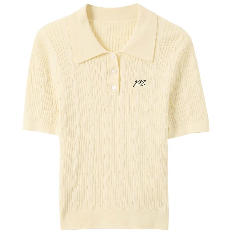 Sancai 2026 Summer Cable Knit Polo Neck Embroidered Short Sleeve Top M