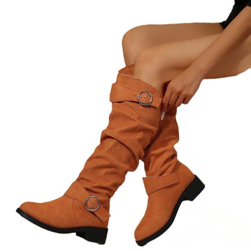 New Large-sized Belt-buckle Boots for Women with Pleated Shoes, Low Heels and High Heels