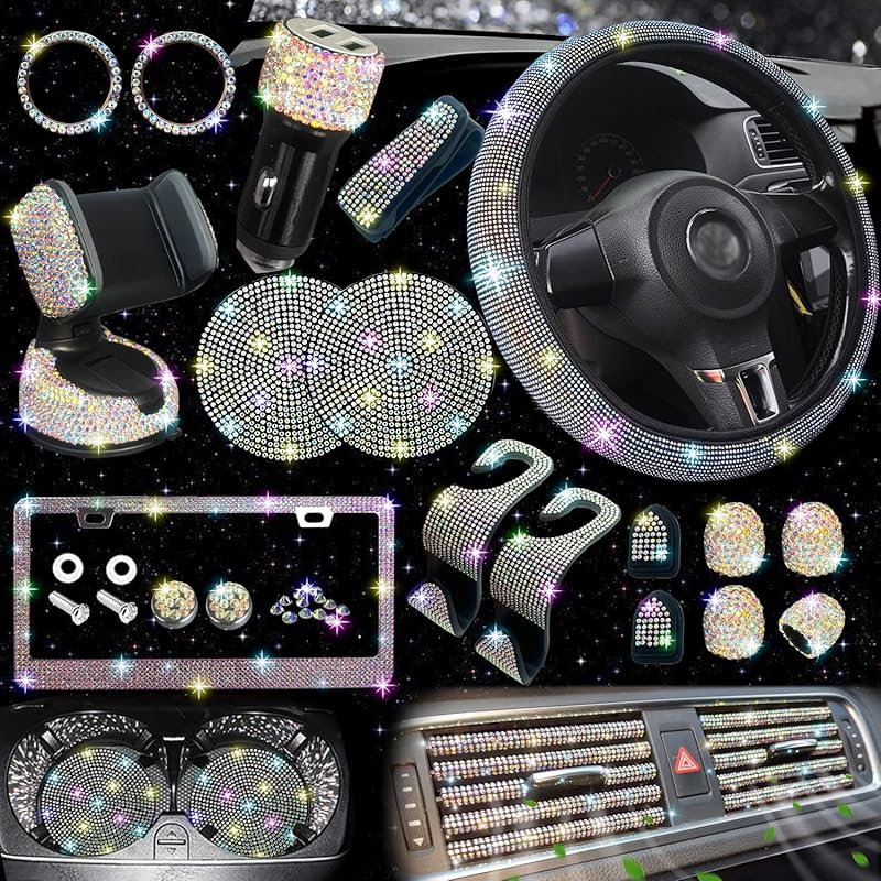NBTEPEM 27-Piece Bling Car Accessories Set - Universal Fit Steering Wheel Covers, License Plate Frames, Phone Holder, Car Fast Charger, Coasters