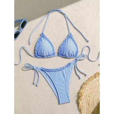 Sexy Bikini 2026 Women's Swimsuit Vacation Striped Patchwork Ruffle Trim Bikinis Sets Summer Female Swimwear Beach Bathing Suit