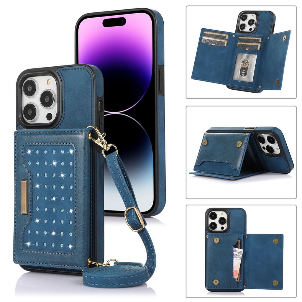 For iPhone 16 Pro Case Wallet RFID Blocking TPU Leather Phone Cover with Lanyard