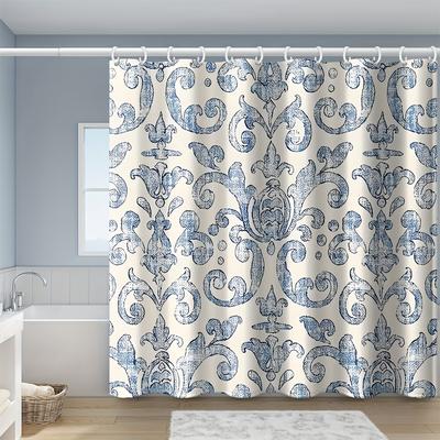 1pc Floral Porcelain Pattern Shower Curtain Set, 70.87x70.87inch, with Plastic Shower Hooks, Modern Printed Window Curtain Decor