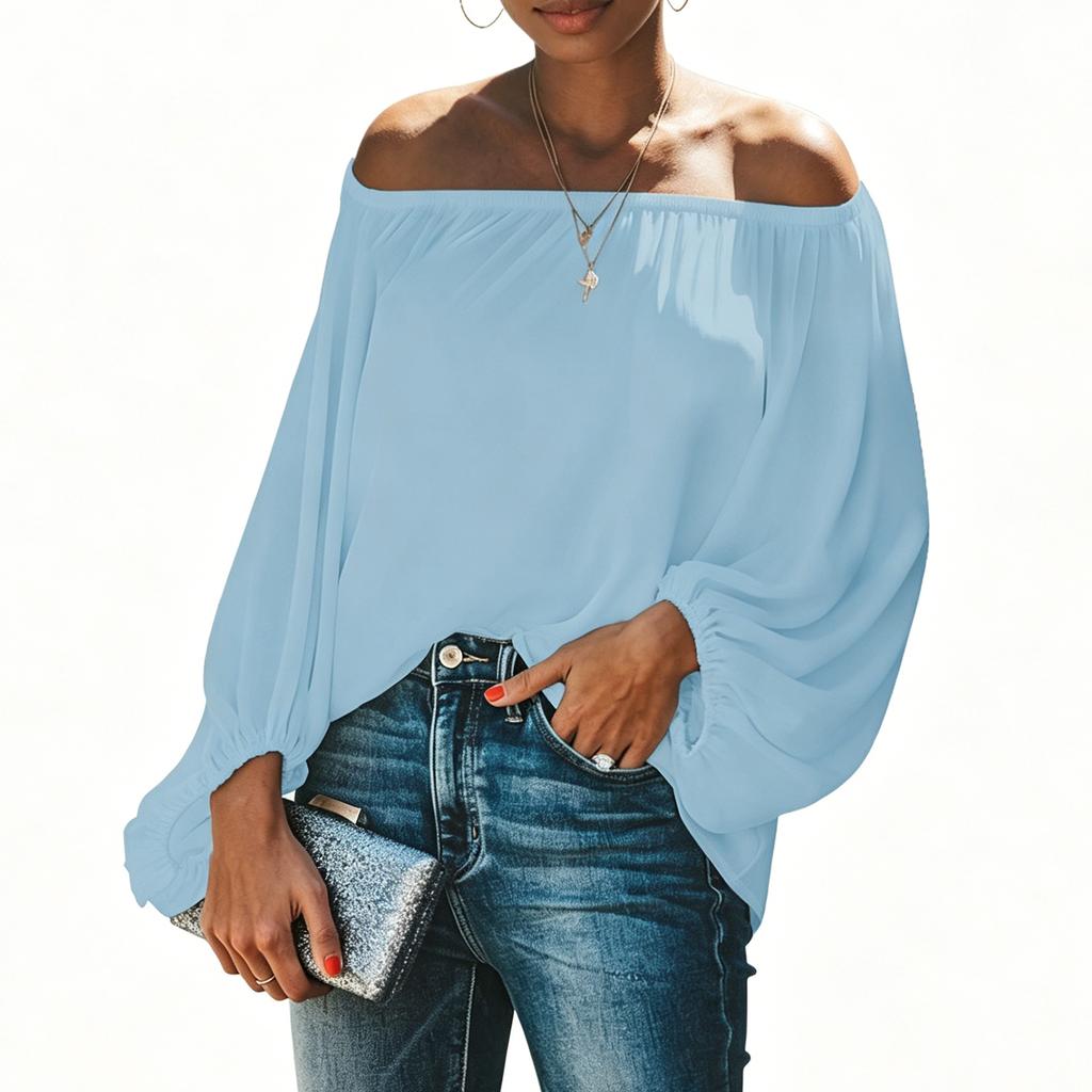 Women Off Shoulder Blouse Lantern Sleeve Long Sleeve Pullover Top Elastic Neckline Casual Shirt