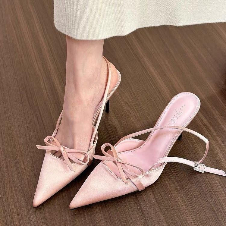 

2025 new cold and gentle! Fashion silver pointed bow sandals women s summer one-word stiletto high heels 40 рожевий