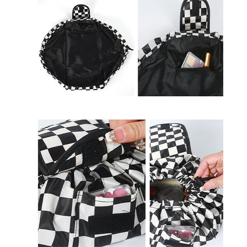 New Women Makeup Bag Simple Plaid Toiletry Bag Portable Large Capacity Storage Bag Stylish Round Drawstring Travel Bags Washable