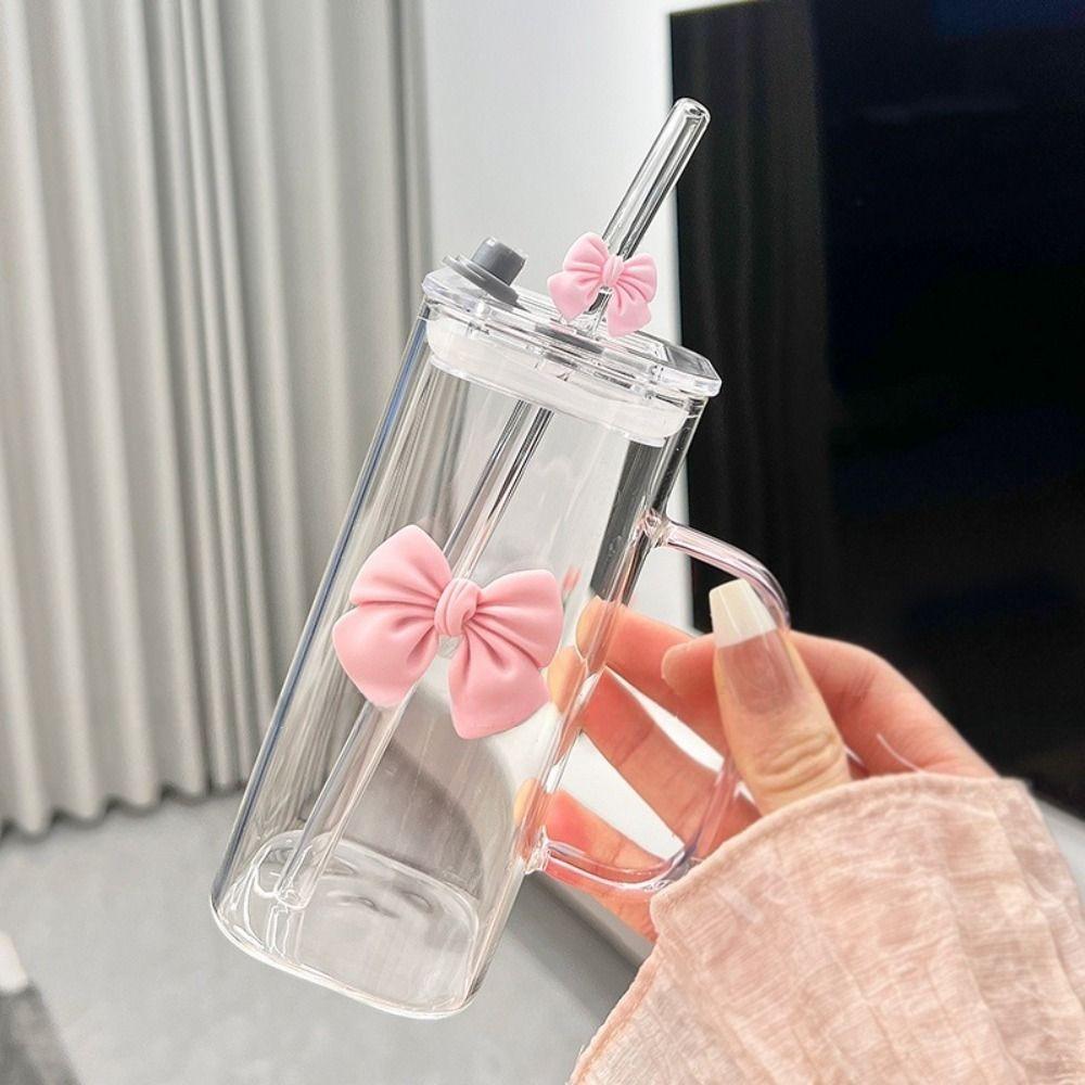 Versatile High Temperature Resistant Matcha Glass With Lids Capacity Glass Straw Cups Bowknot Glasses for Drinking Milk
