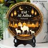 2D Flat, 1pc Round Aluminum Hanging Sign, "Eid Al Adha Mubarak" Islamic Festival Metal Wall Art, Vintage Camel, Sheep & Mosque Night Design