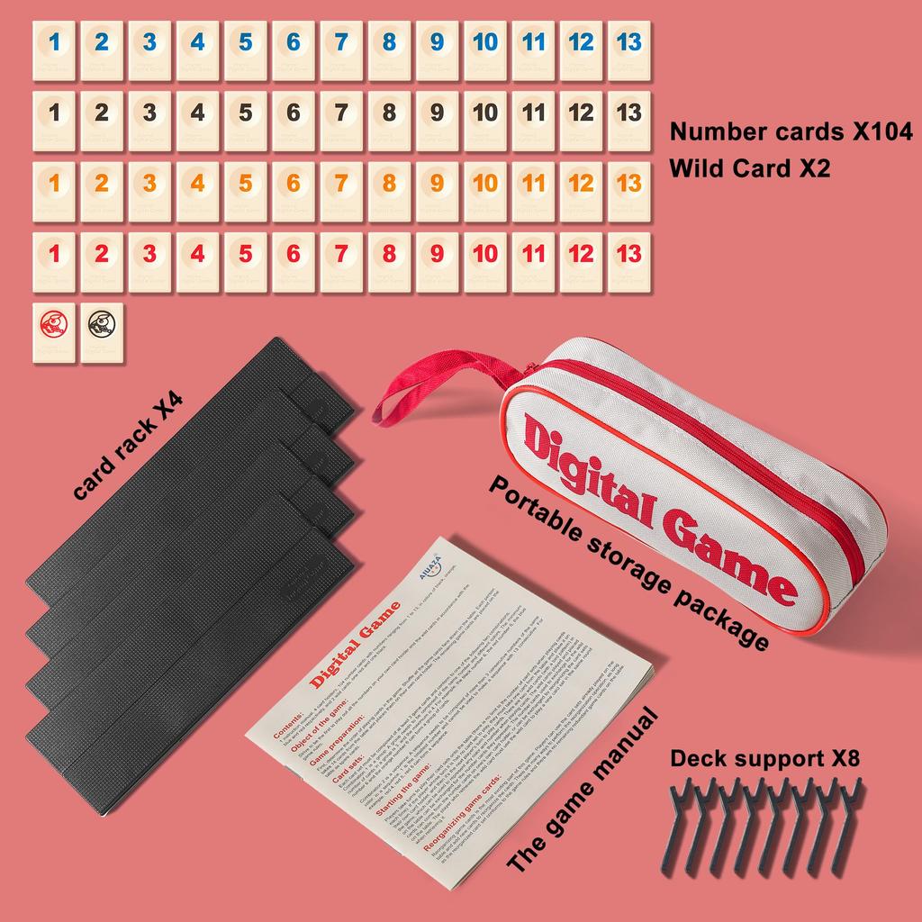 AIUAZA Player Rummikub Rummikub Game Portable Rummikub Travel Game 4 Tile Classic Player Board Includes Digital Mahjong Cards 2-4 Game, 106-Piece Set,