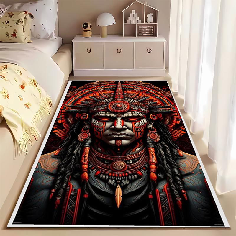 Area Rug, Aztec Mayan Warrior Face Tribal Tattoo Red Headdress Print, Living Room Decor, Non-Slip Mat