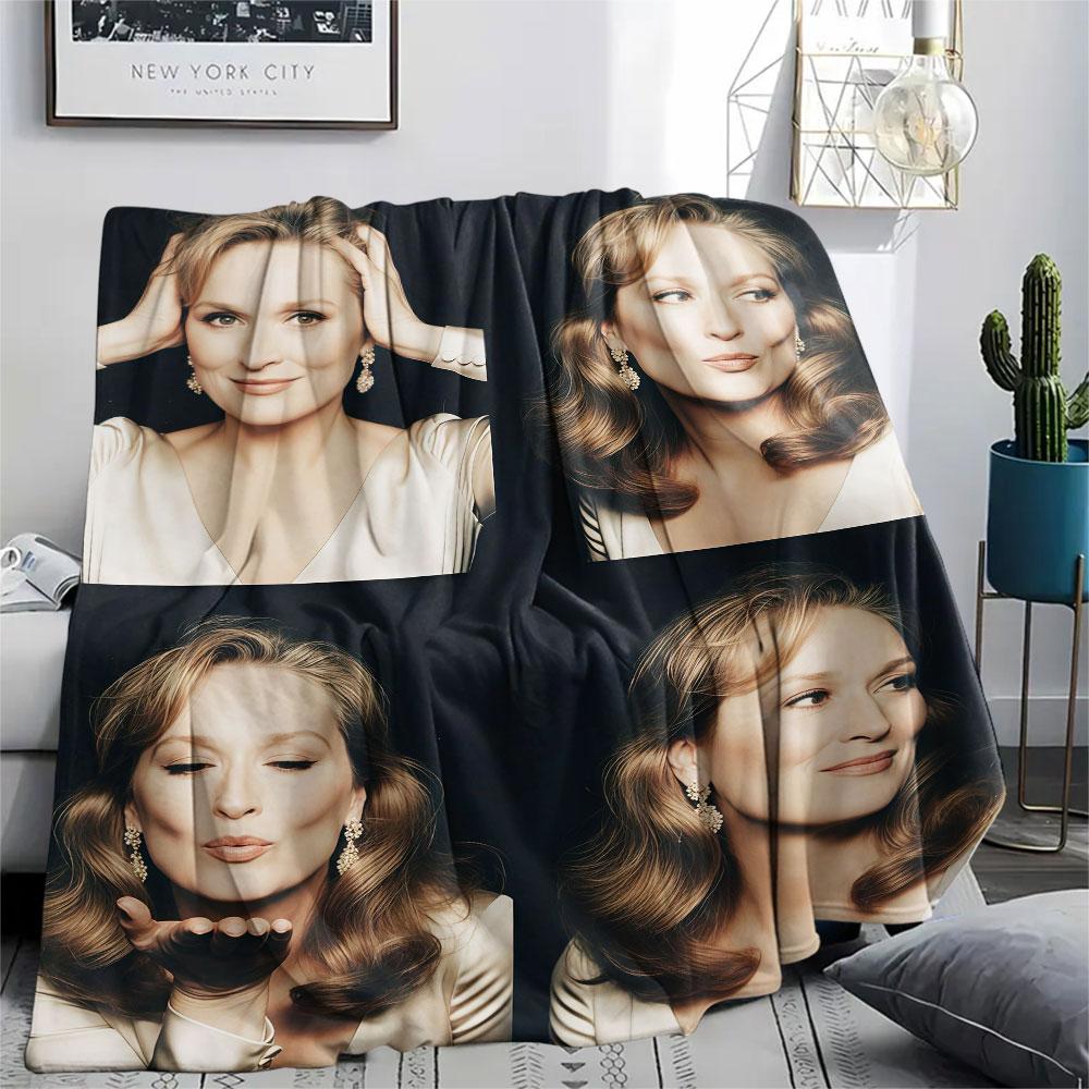 Meryl Streep Printed Flannel Blanket, soft throw for bedroom sofa, washable, fan merchandise, great gift.