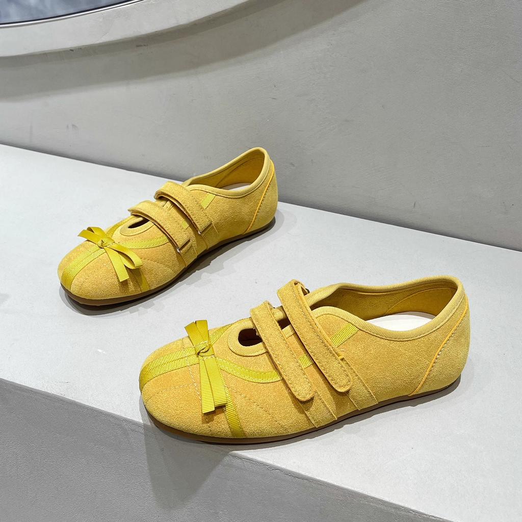 Bow yellow German training shoes women's 2025 new inner height increase dopamine foreign style niche design sense Forrest Gump tide shoes