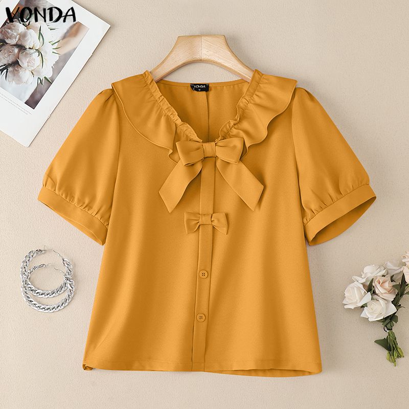 VONDA Women Lapel Neck Short Sleeve Buttons Bow Knot Casual Cropped Blouse Tops