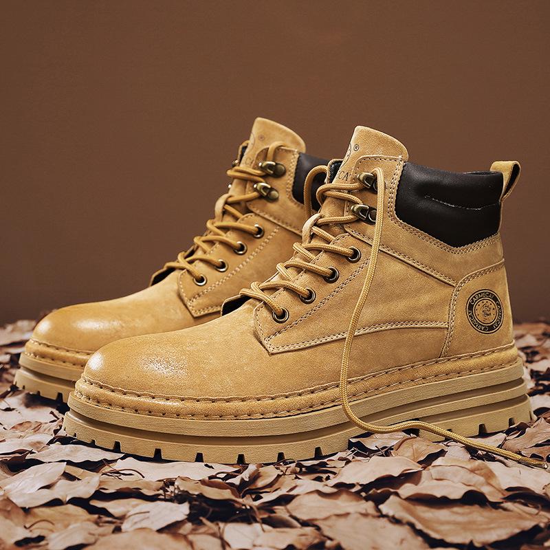 Putian Men's Genuine Leather Warm Fleece-Lined Martin Boots, Yellow British-Style Ankle Workwear Boots