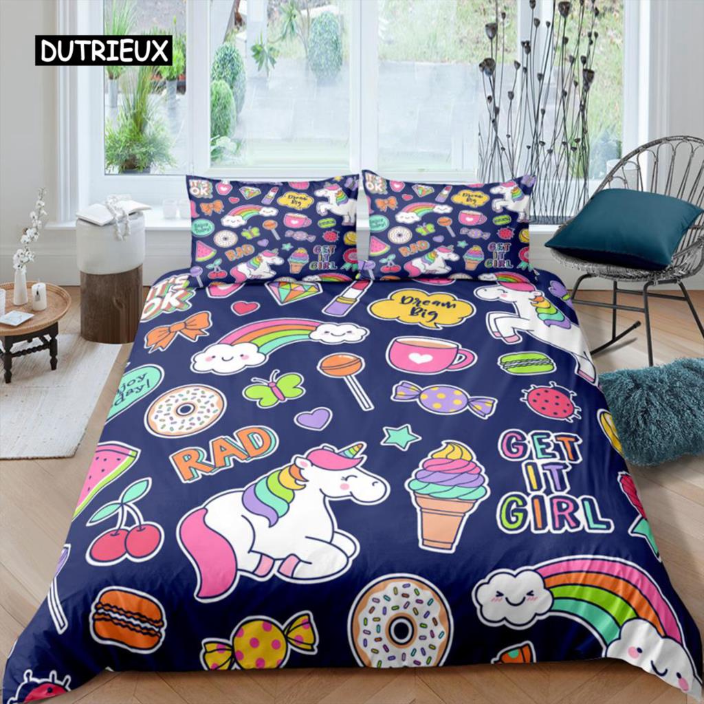 Duvet Cover Pink Rainbow Unicorn Comforter Cover Set for Women Girls Kid Baby Birthday Bedroom Decoration Lovely Cartoon Animal