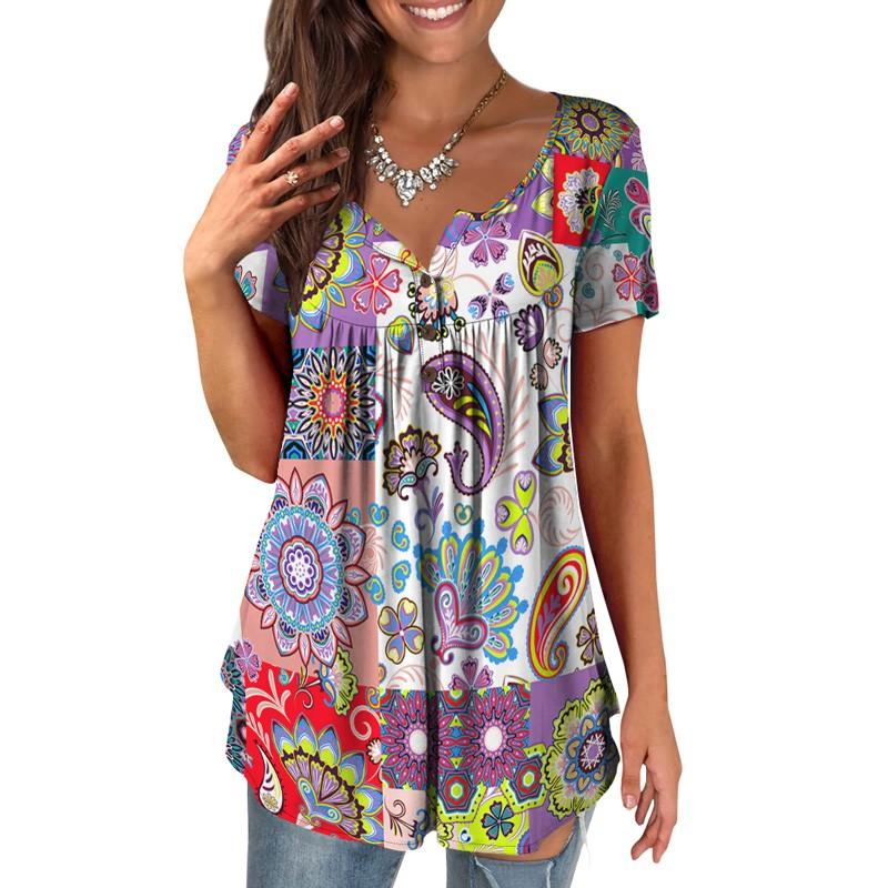 Ladies Casual V Neck Short Sleeve T-Shirt Print Button Top