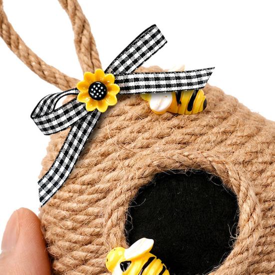 Woven Rope Bee Hive Hanging Ornament Handmade Rustic Pendant with Sunflower And Bowknot for Bedroom Living Room Farmhouse Spring Party Decor