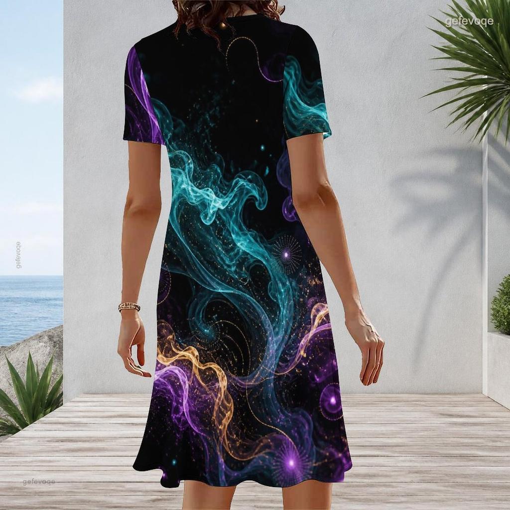Women Plus Size Round Neck Short Sleeve Rainbow Printed A Line Dress