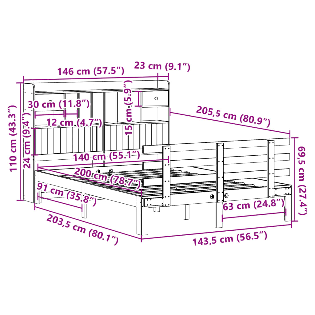 Solid Wood Bed with Shelf Without Mattress White 140x200 Cm Pine