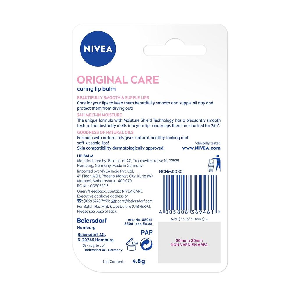 Nivea Original Lip Balm Stick For Dry Lips 4.8g Pack Of 1 | 24H Moisture Care With Natural Oils | Transparent Shine For Smooth Lips