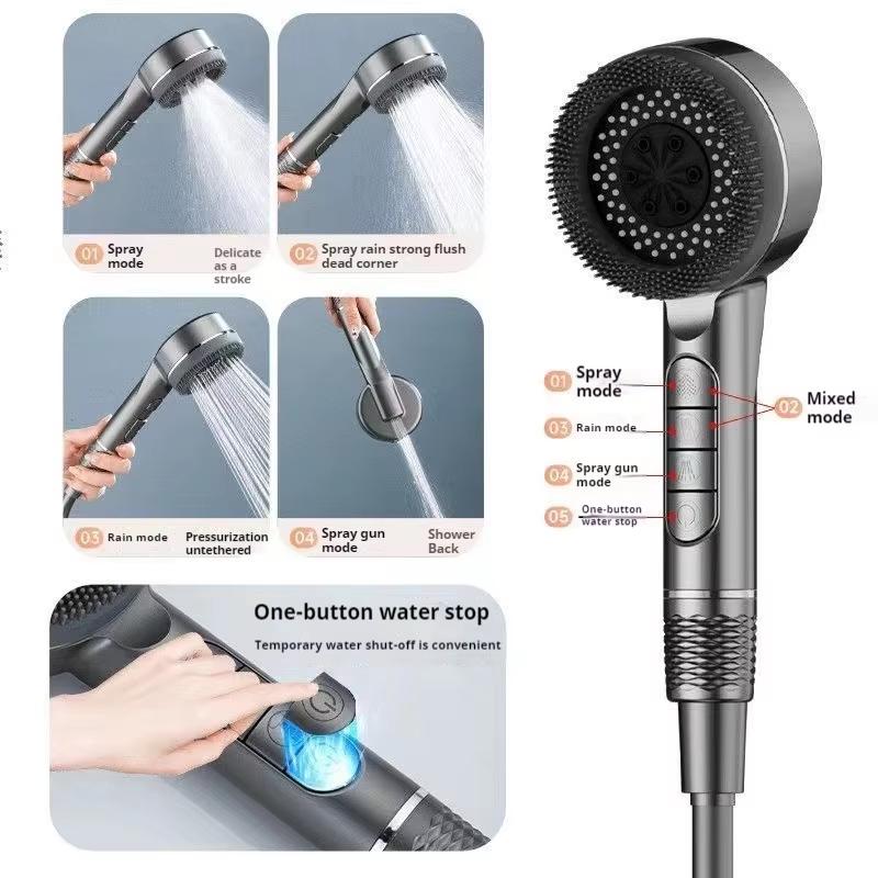 2024 New Household Multifunctional Filter Shower Head 4 Modes Switch 1-Button Water Stop with Massage Brush Bathroom Accessories