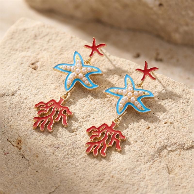 Elegante Seestern Korallen Ohrstecker für Damen Sommer Ozean Stil Blaue Emaille Zweig Hängeohrringe Strandurlaub Schmuck Geschenk