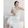 Elegant Pleated Mesh Overlay Dress Womens Loose Fit U-Neck Midi Sleeveless Office Chic