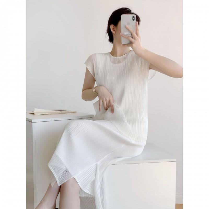 Elegant Pleated Mesh Overlay Dress Womens Loose Fit U-Neck Midi Sleeveless Office Chic