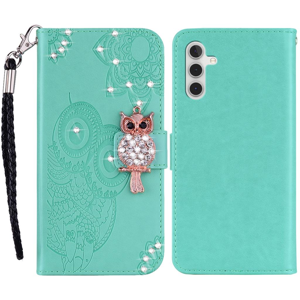 Para Samsung Galaxy S24 FE Capa Carteira Coruja Flor Estampada Strass Capa de Couro