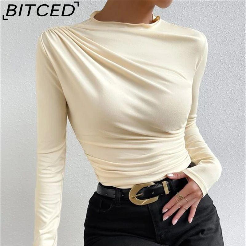 BITCED Solid-colour Fitted Base Layer Top Versatile Pleated Detailing Long-sleeved T-shirt Women's Blouse