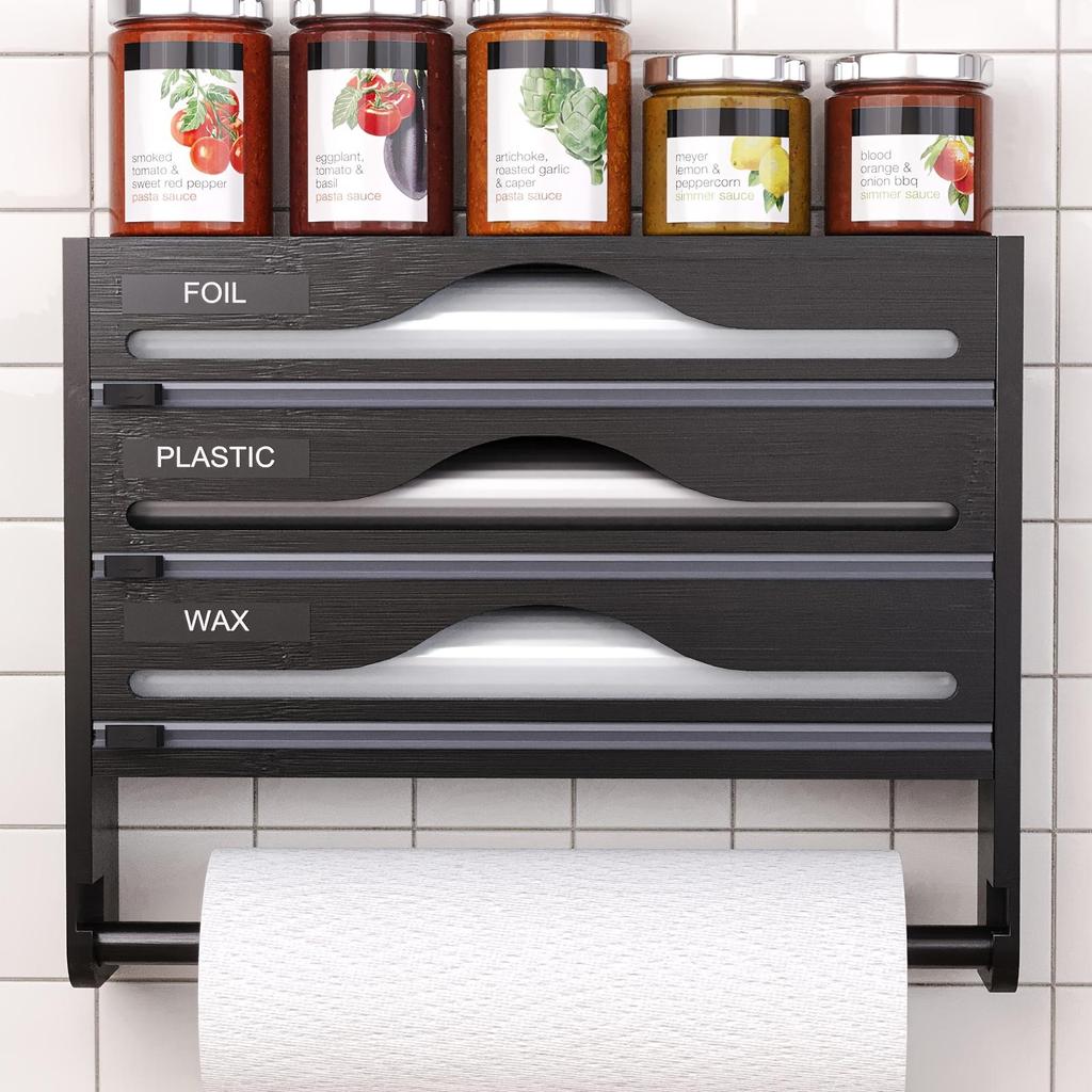 Bamboo Wrap Dispenser with Paper Towel Holder, 3-Section Kitchen Organizer for Foil, Plastic Wrap with Cutter and Storage Rack for Kitchen Accessories