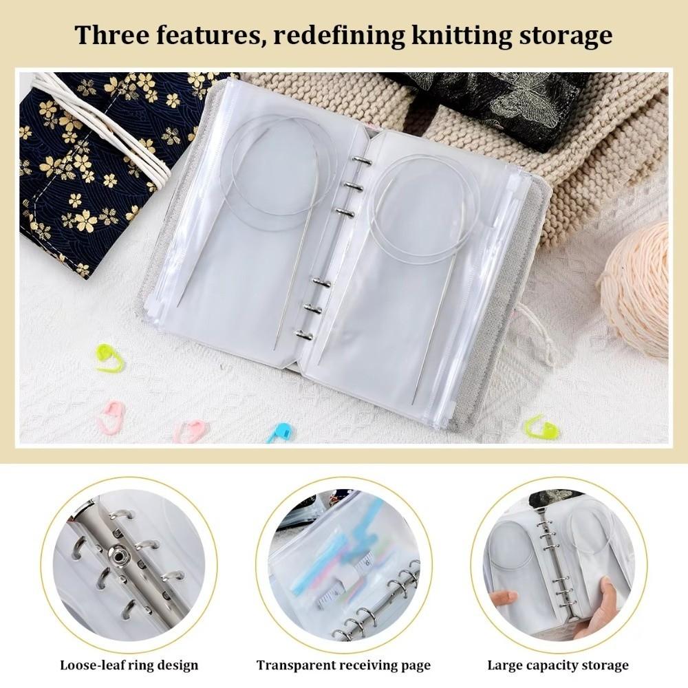 Zippered Binder Pocket Detachable Ring Needle Storage Bag 6 Hole PVC 12 Zippered Pocket Knitting Needle Case