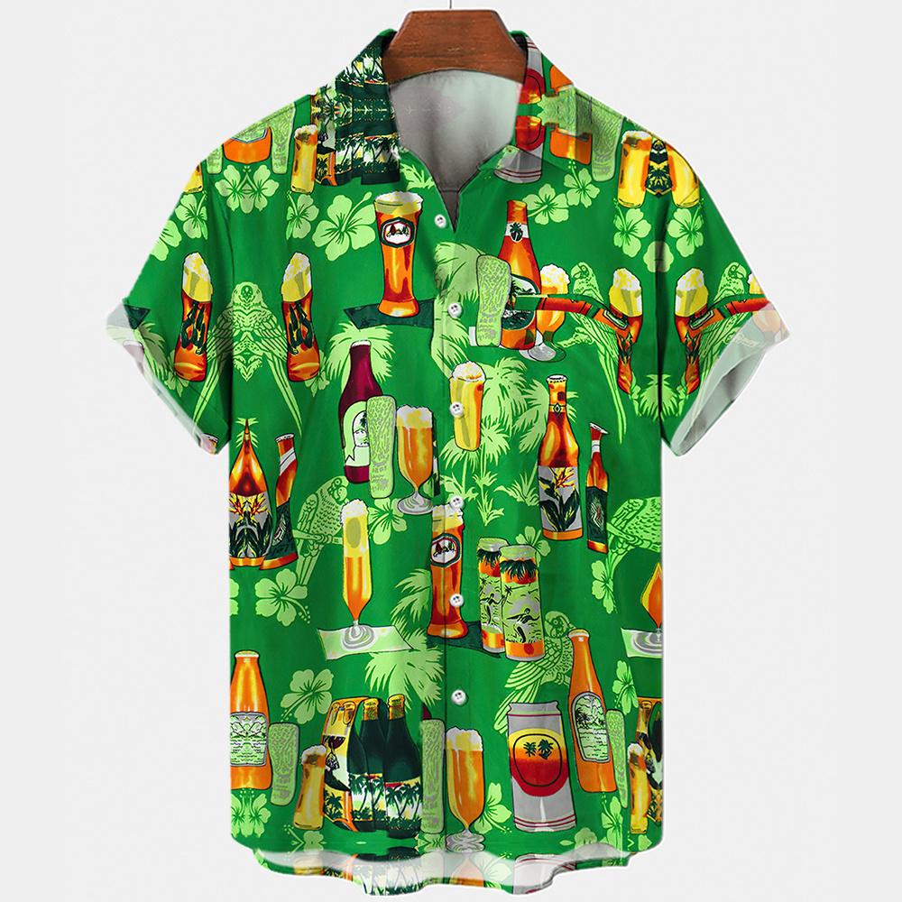 Hawaiian Beach Harajuku Shirts For Men 3D Print Beer Short Sleeve Tees Summer Vacation Style Single-Breasted Tops Lapel