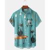Men's Cute Cat Cartoon Geometric Print Hawaiian Shirt Short Sleeve Casual Beach Vacation Summer Button-Up Top