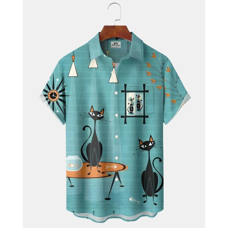 Men's Cute Cat Cartoon Geometric Print Hawaiian Shirt Short Sleeve Casual Beach Vacation Summer Button-Up Top