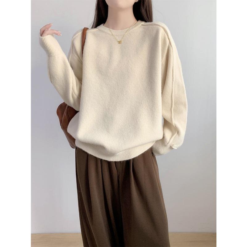 Retro round neck solid color versatile pullover sweater women's autumn and winter new loose and thin knitted sweater top