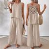 Set da donna casual alla moda, tinta unita, schiena con intaglio floreale, elegante, due pezzi