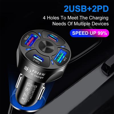 38W PD +Type-c Car Charger QC3.0 USB 3.1A Fast Charge Car Charger Fast Charging One for Four Multi-Port Car Charger Universal