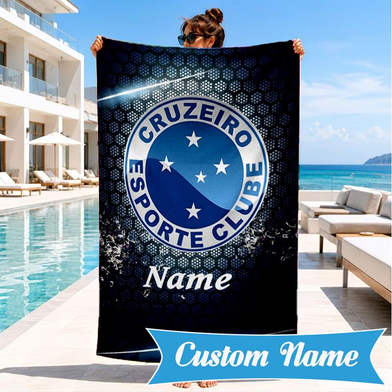 Custom Name Beach Towel Blue Stars Cruzeiro Football Microfiber Beach Towel, Lightweight for Summer Travel, Swimming Pool Fan Birthday Gift
