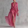 Rochie Maxi de Seară Elegantă, Fluidă, de Damă, cu Mânecă Lungă, Decolteu în V, Wrap, Decupaj Înalt, Culoare Uni