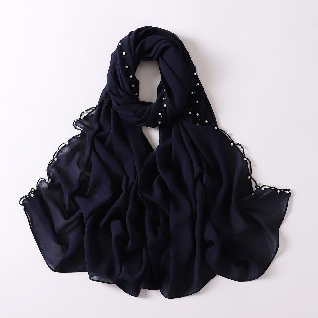 New Pearl Chiffon Hijab Scarf Copper Chain With Black Crystal Pearls Women Muslim Fashion Hijabs For Women Ramadan Turban Femme