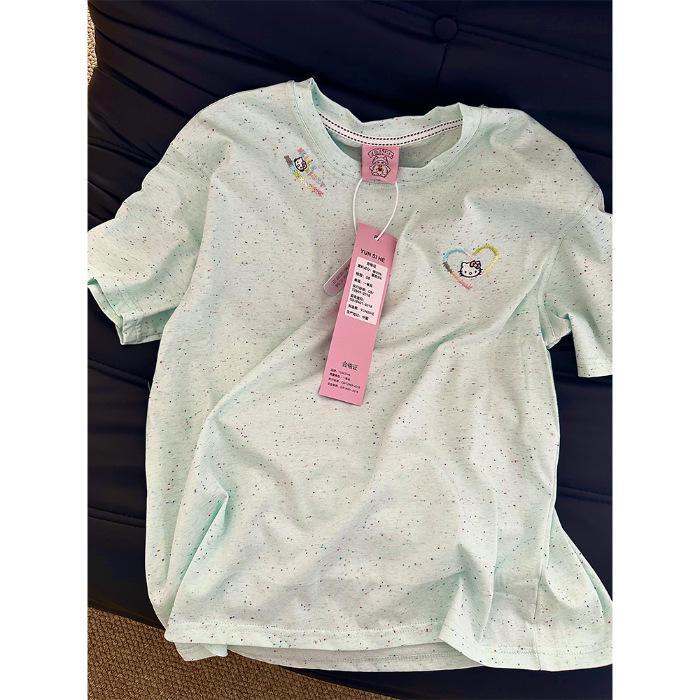 

Футболка в корейском стиле с вышивкой котенка в горошек, с коротким рукавом, повседневная, свободного кроя Double Extra Large светло-синий