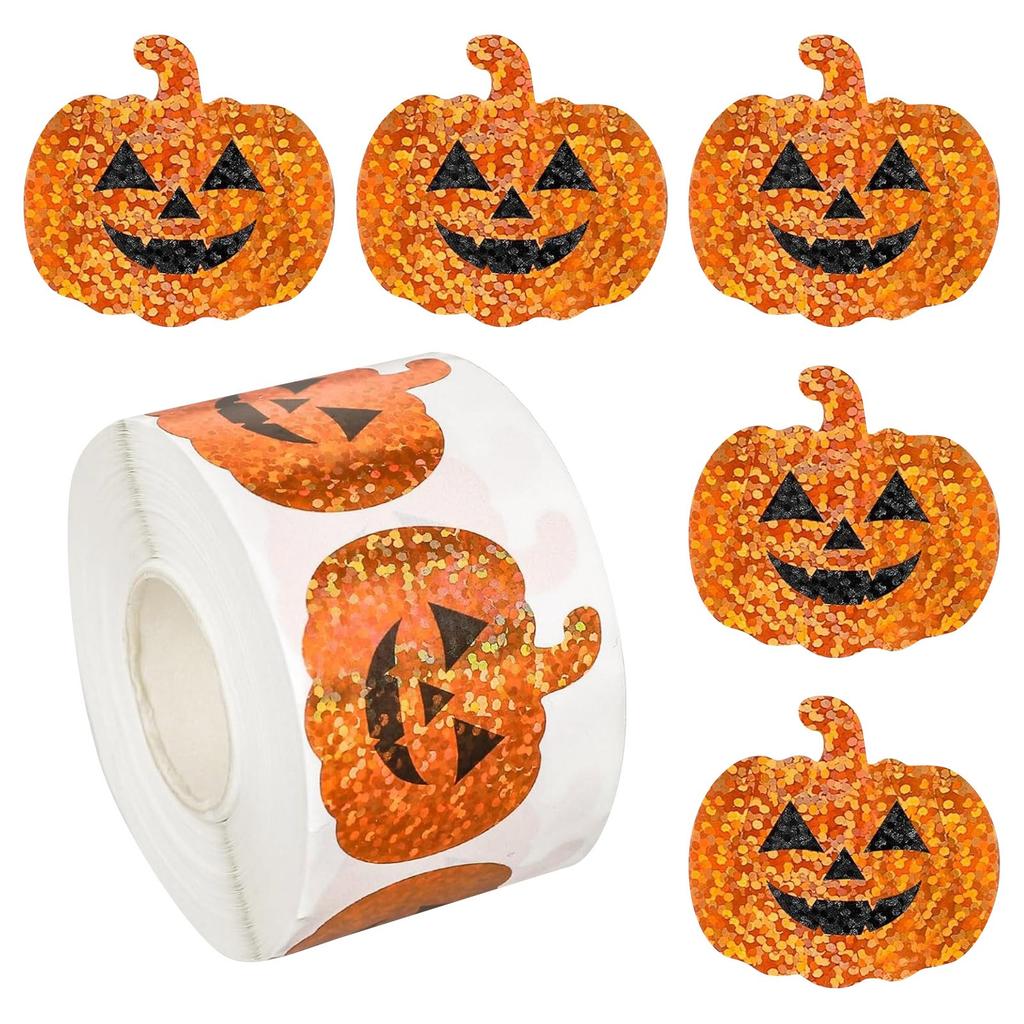Halloween Pumpkin Stickers Roll Pumpkin Shape Decals Orange Sparkly Self-Adhesive Stickers For Halloween Party Envelope Scrapbook Decor, 500Pcs