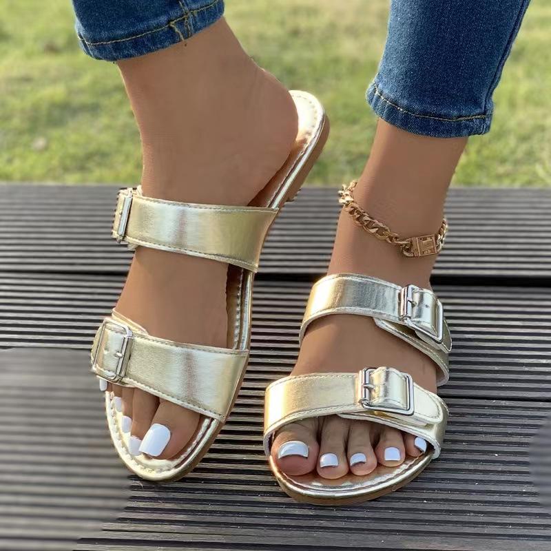 

Outer slippers women s large size summer new sandals belt buckle casual beach one-word flat sandals 43 золотой