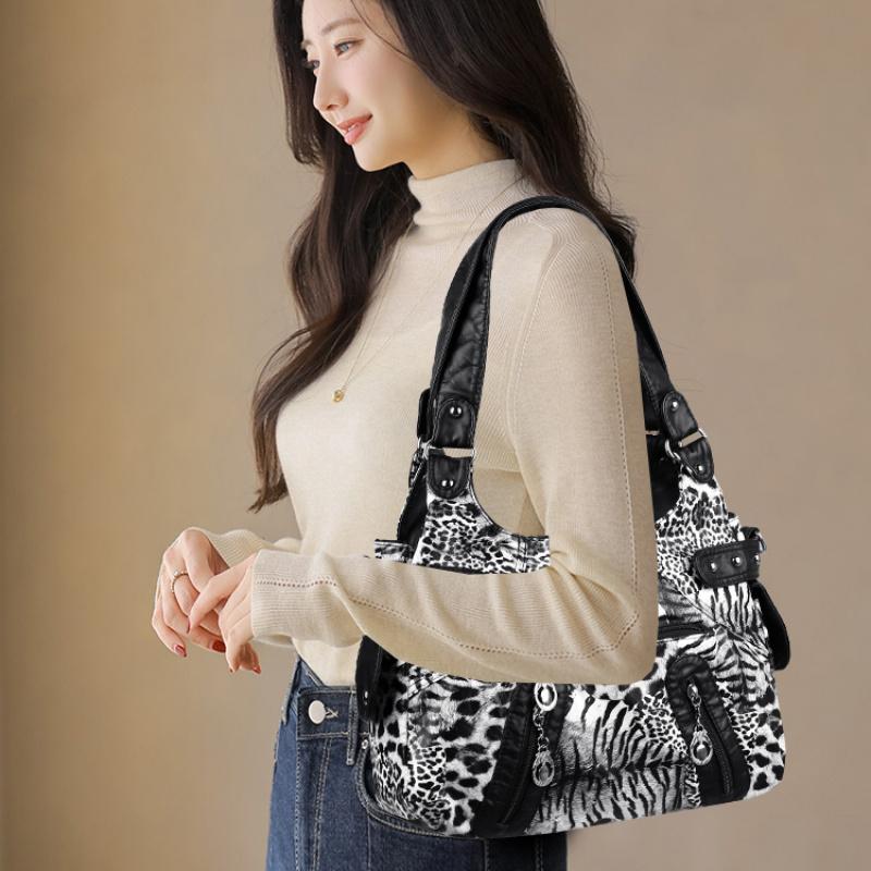 Women's Large Capacity Soft Leather Handbag, Vintage Leopard Print Shoulder Crossbody Bag, Multi-pocket Casual Tote Bag for Daily Commute Fashion