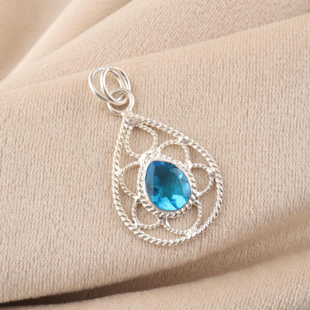 Swiss Blue Topaz Gemstone 925 Sterling Silver Jewelry Statement Designer Pendant 1.40" For Her PP-19-8