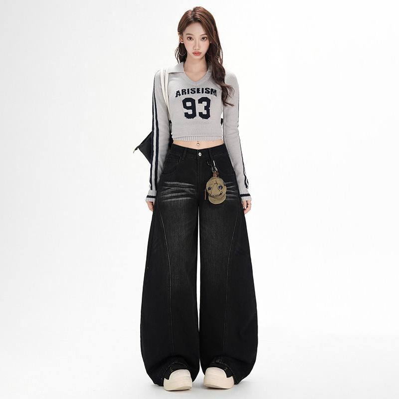 American retro blue wide-leg jeans women's spring loose casual scimitar pants versatile drape pants