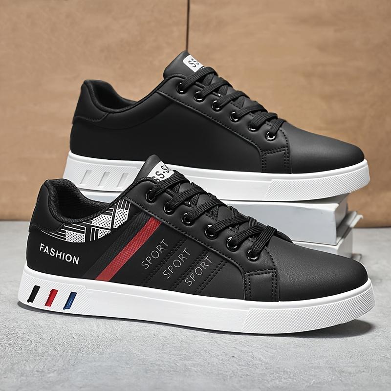 Men's Lace-Up Sneakers - White with Blue & Red Stripe Design, Breathable PU Upper, Durable PVC Sole, Comfortable Casual Shoes for Casual Attire