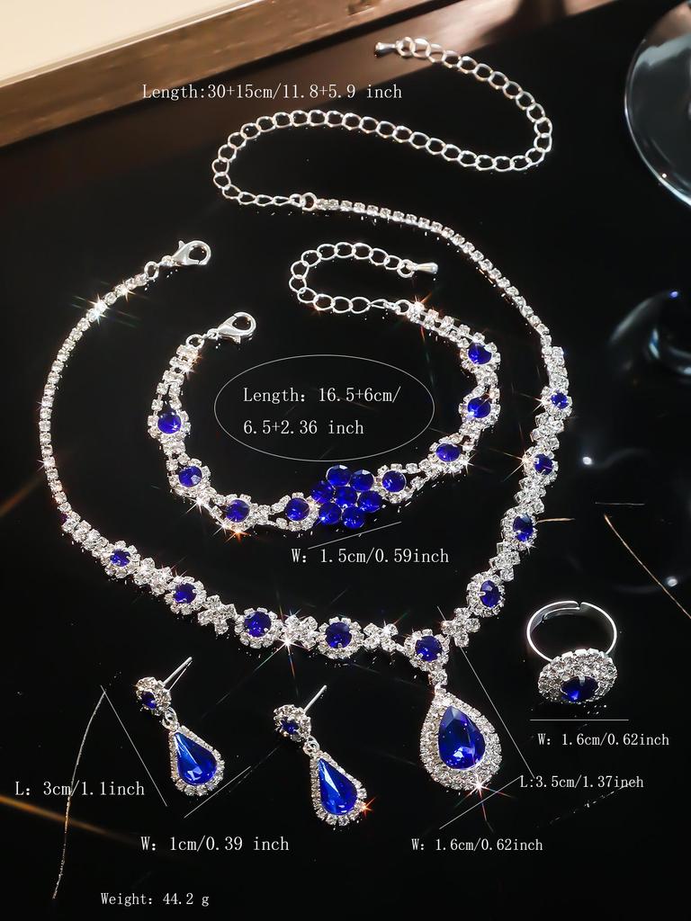 European & American Multi-Color Rhinestone Jewelry Set: Green, Blue & Red Necklace, Earrings, Bracelet & Ring