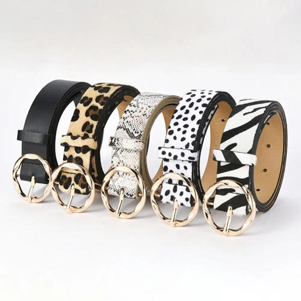 Leopard Pattern Pu Belt Rose Gold Metal Buckle Waistband Casual Leather Belt  Women