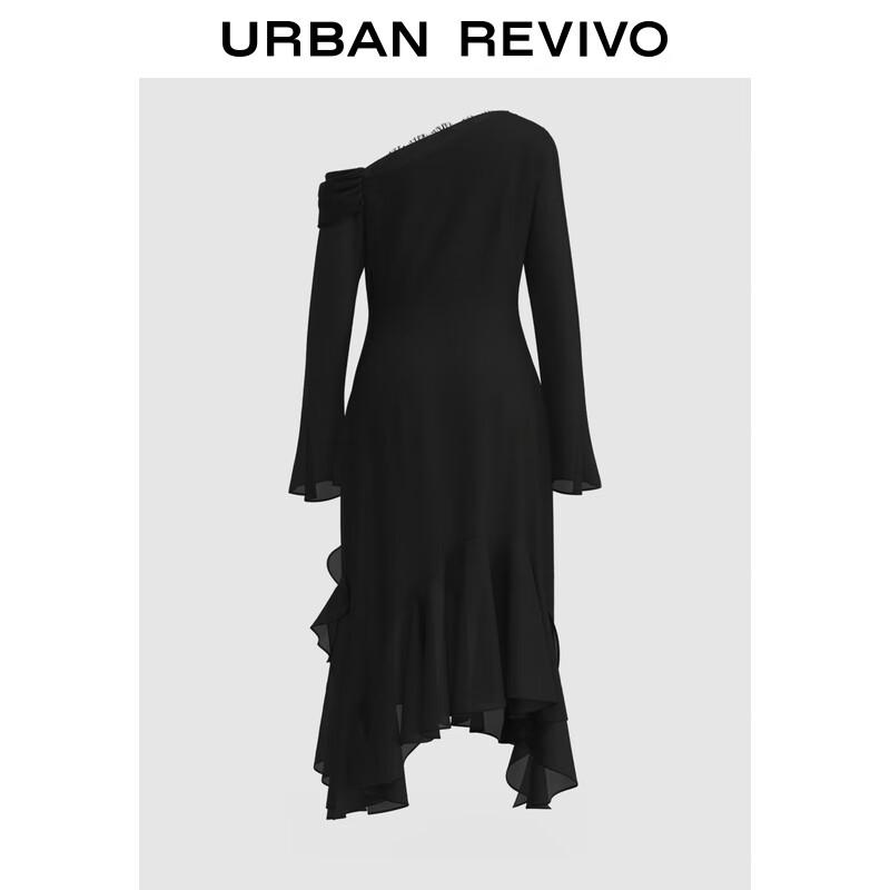 

UR 2025 Autumn Patchwork Lace Ruffle Long Sleeve A-Line Dress XS